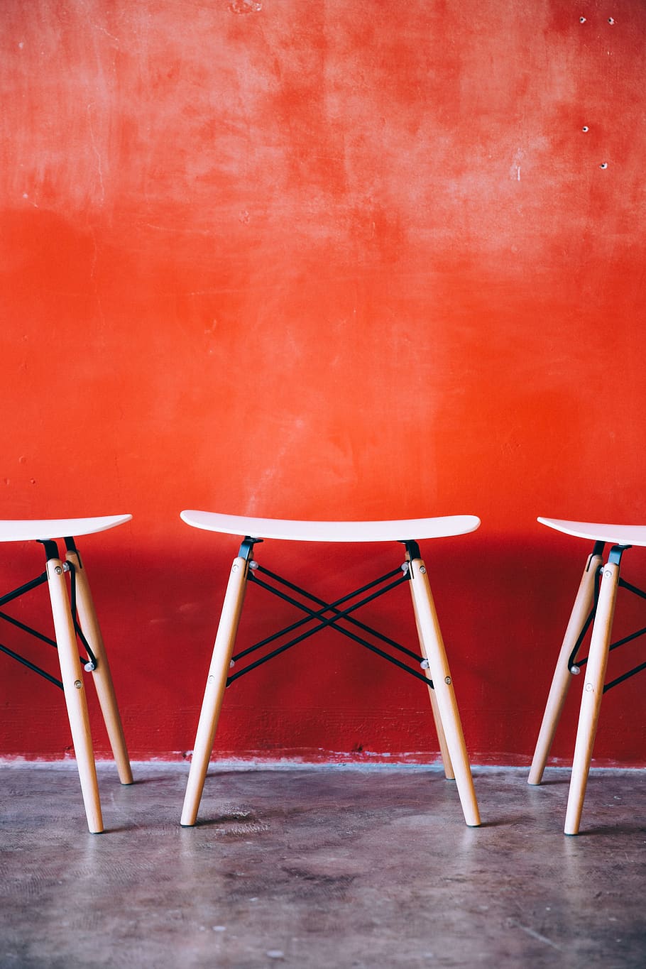 modern, stools, cafe, chairs, red wall, texture, seats, indoors, restaurant, minimalist