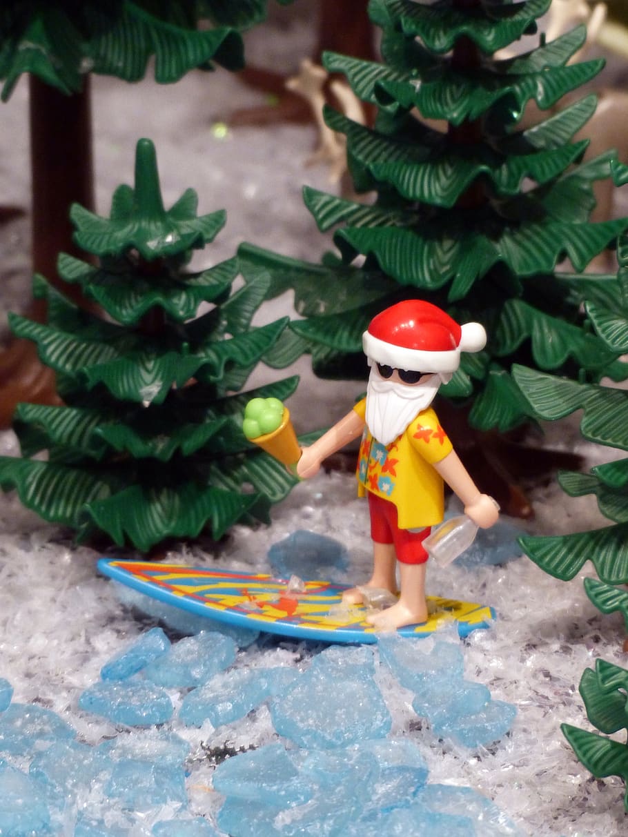 playmobil, exhibition, toys, figures, santa claus, surf, funny, childhood, child, full length