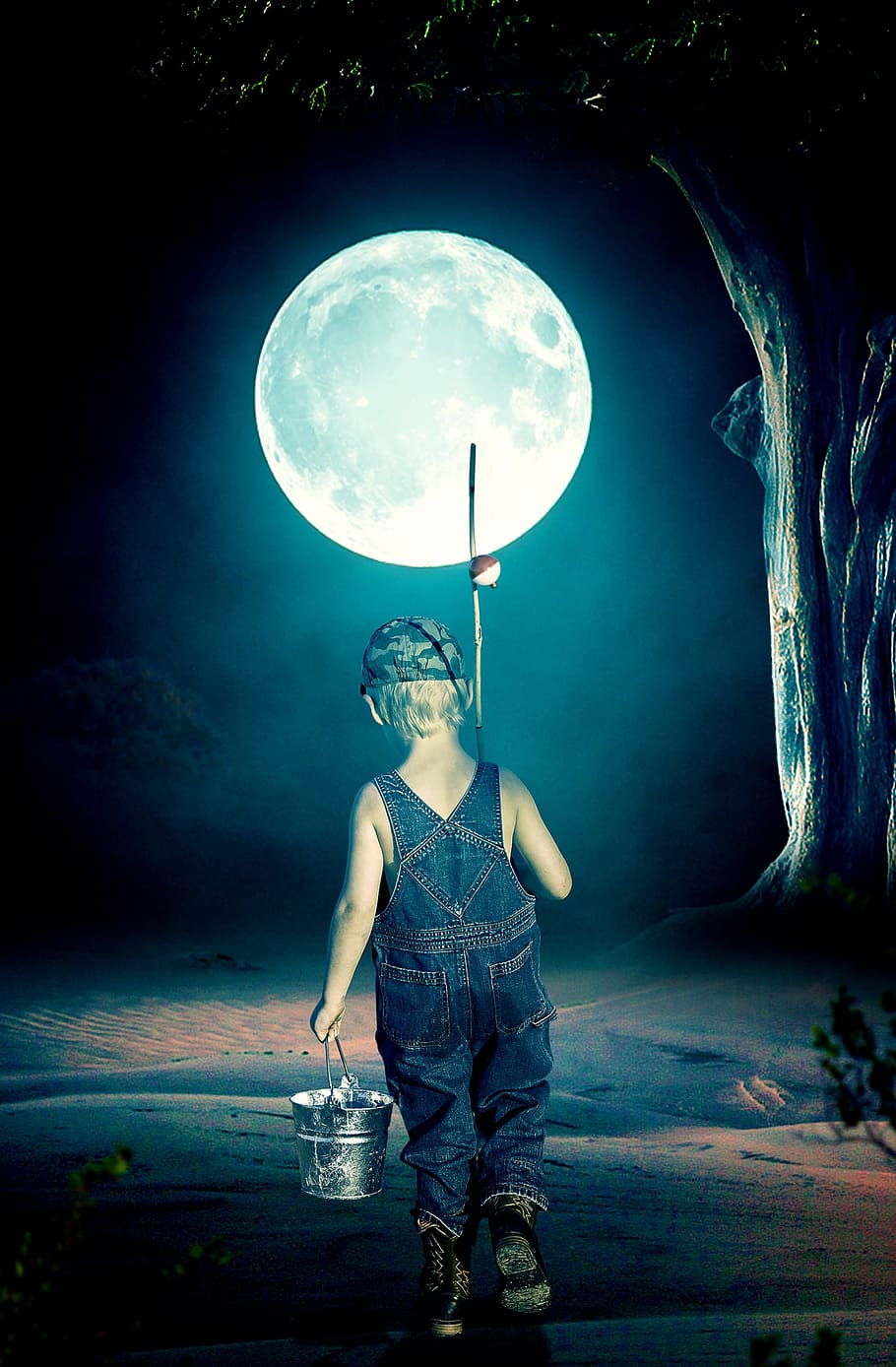 boy, holding, fishing rod, pail, night time illustration, full moon, moon, dark, moonlight, nature