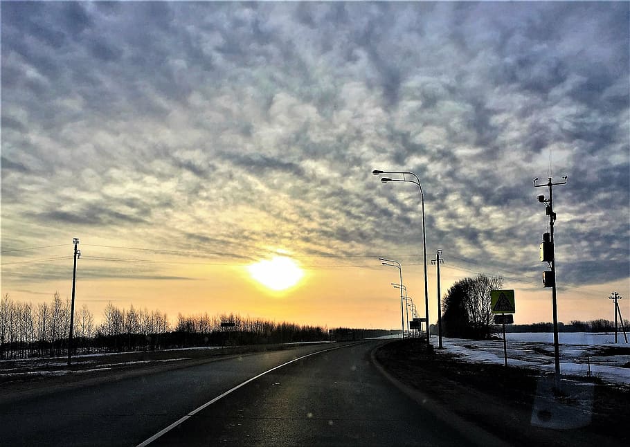 dawn, morning, road, landscape, early morning, nature, silence, sun, sky, clouds
