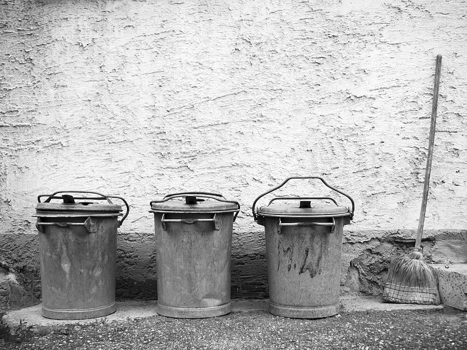 garbage, garbage can, dustbin, waste, waste disposal, ton, throw away society, bucket, broom, waste bin