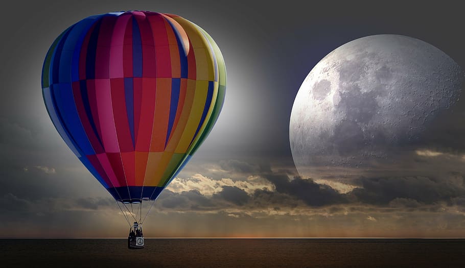 red, blue, yellow, hot, air balloon, flying, grey, cloudy, sky, balloon