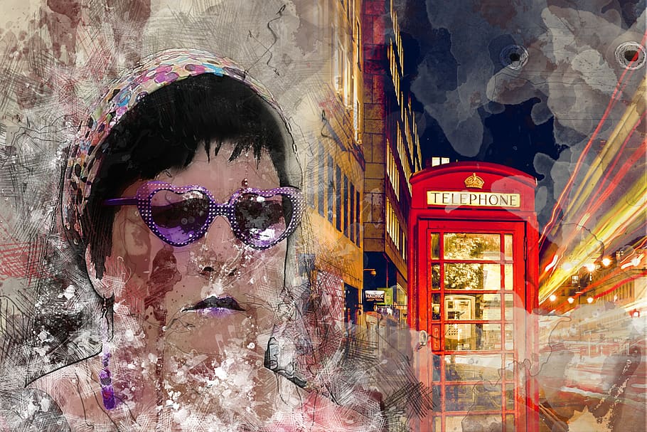 human, art, portrait, face, glasses, heart, collage london, phone booth, woman, head