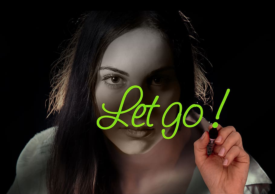 woman, wearing, white, shirt, let, go!, text overlay, face, head, hand