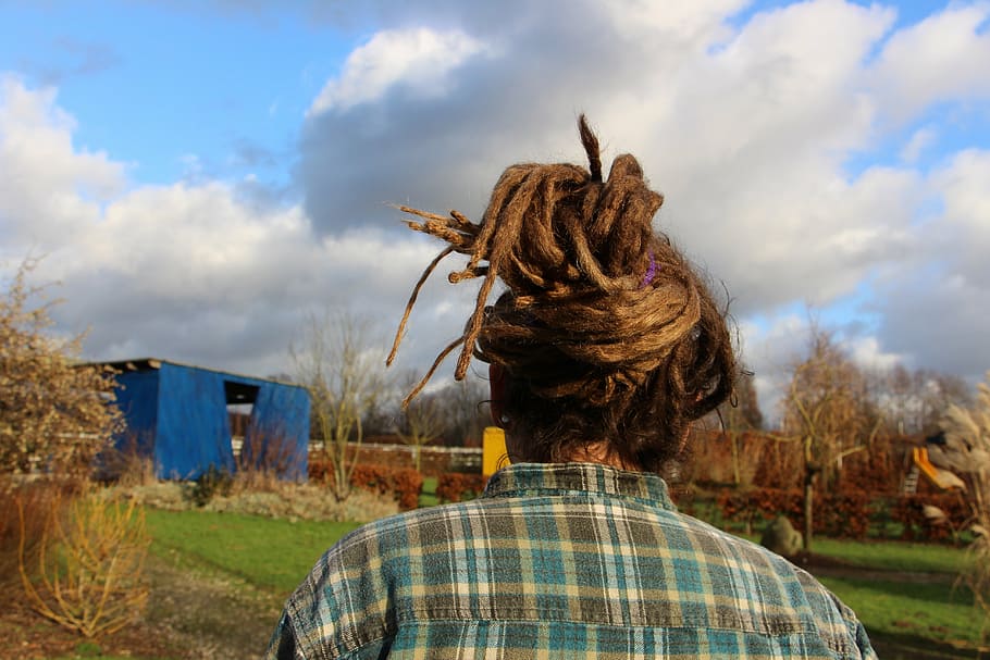 dreatlocks, rasta braids, hair, hairstyle, cloud - sky, rear view, sky, nature, day, one person