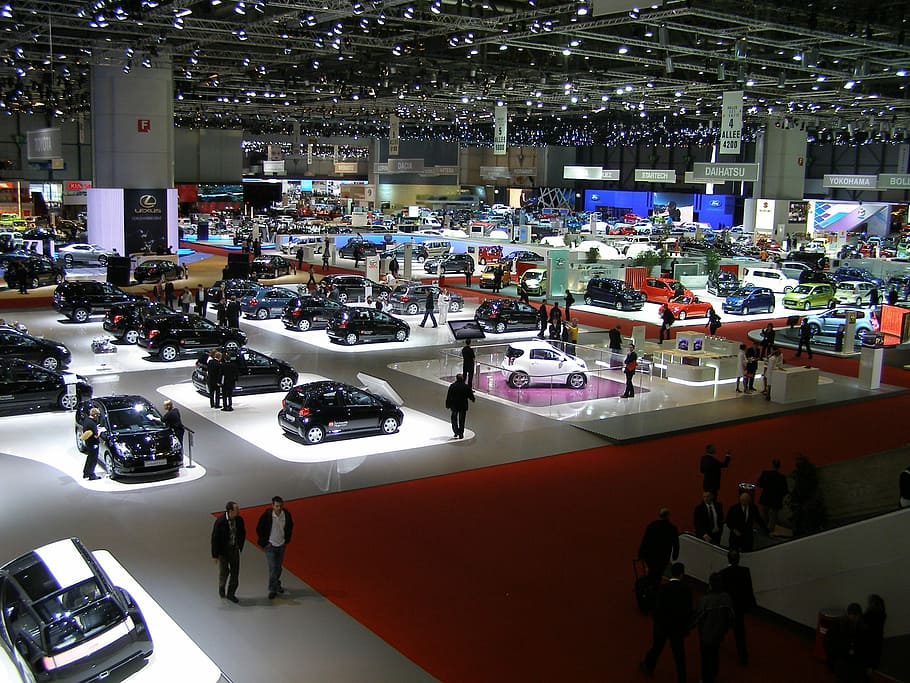 Ginebra, automóvil, automotriz, exhibición de automóviles, vista de ángulo alto, industria, interiores, fábrica, personas, negocios