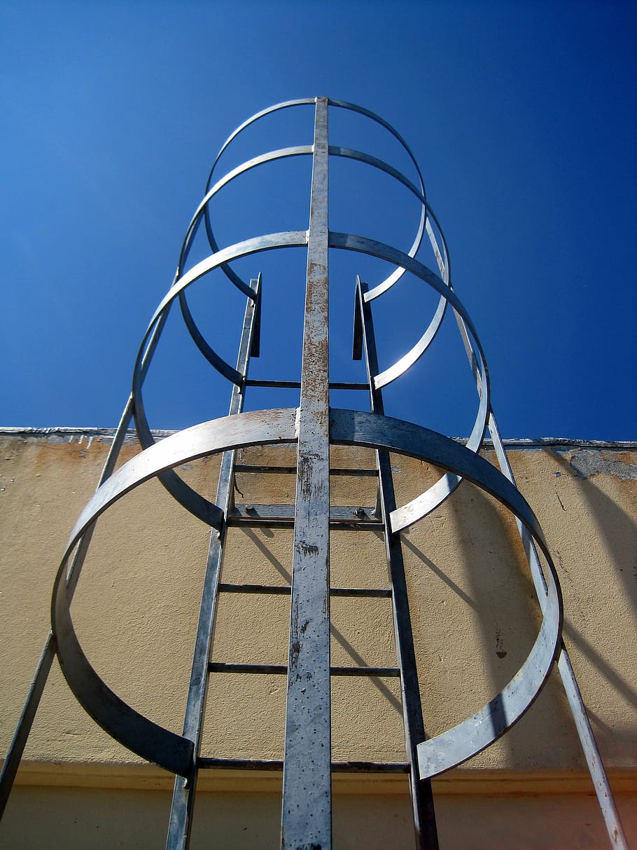 metal stairs, stairs, upright, access, metal, ladder, fixed, protected, circular, cylinder