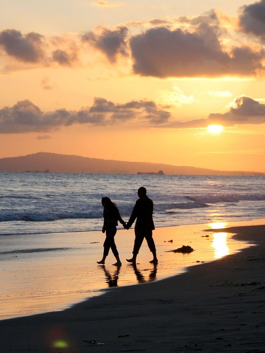 matahari terbenam, pasangan, berjalan-jalan, california, pasifik, pantai, huntington, langit, laut, air