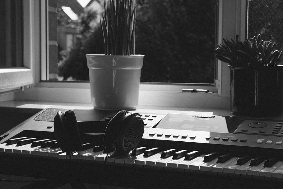 headphones, keyboard, piano, black and white, music, music production, instrument, listen, over ear, light