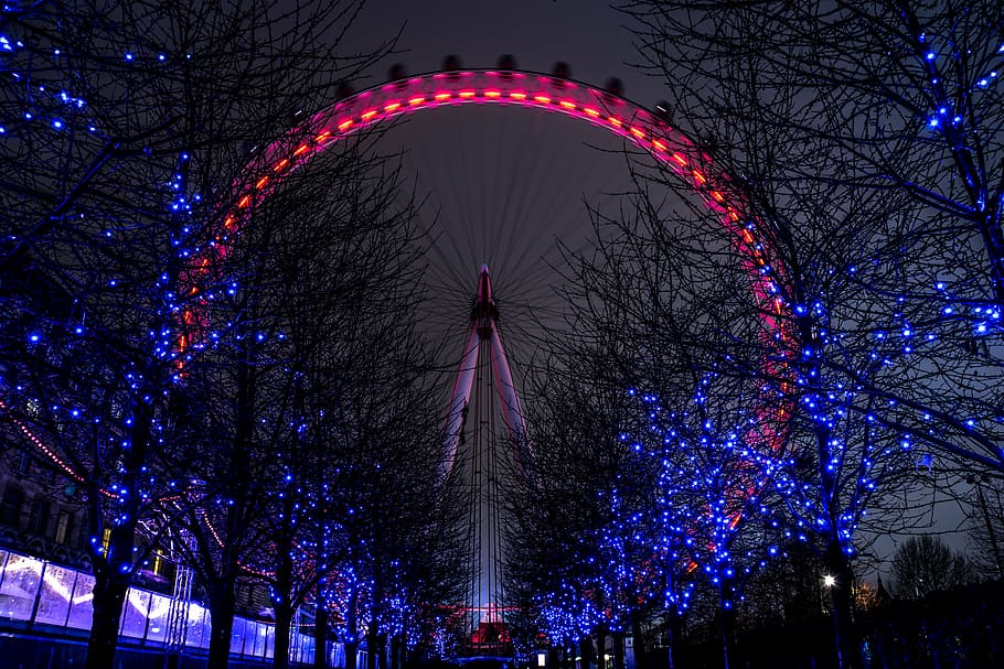 white, red, ferris, wheel photo, london eye, london, city, england, travel, tourism