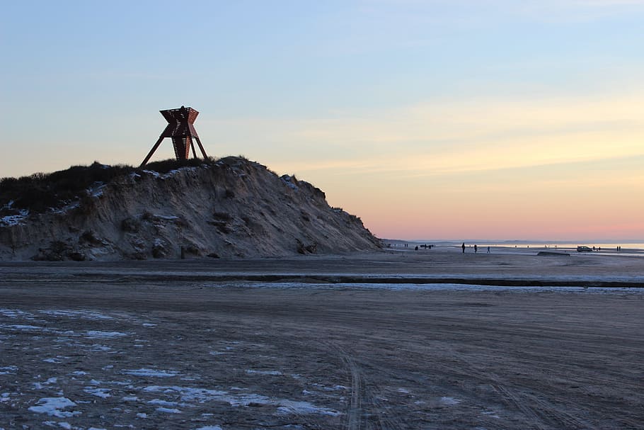 blokhus, una guía de la playa, el mar del norte, la bahía de jammerbugten, invierno, puesta de sol, dunas, el mar, horizonte, nubes