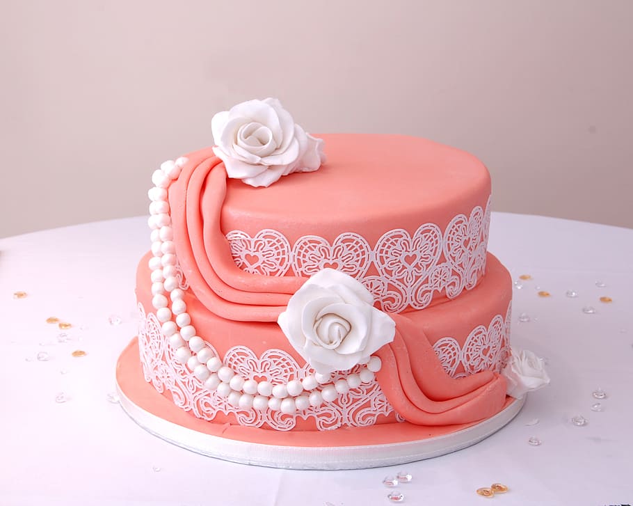 two, layered, cake, pink, white, icing, party, decoration, decorated, rose