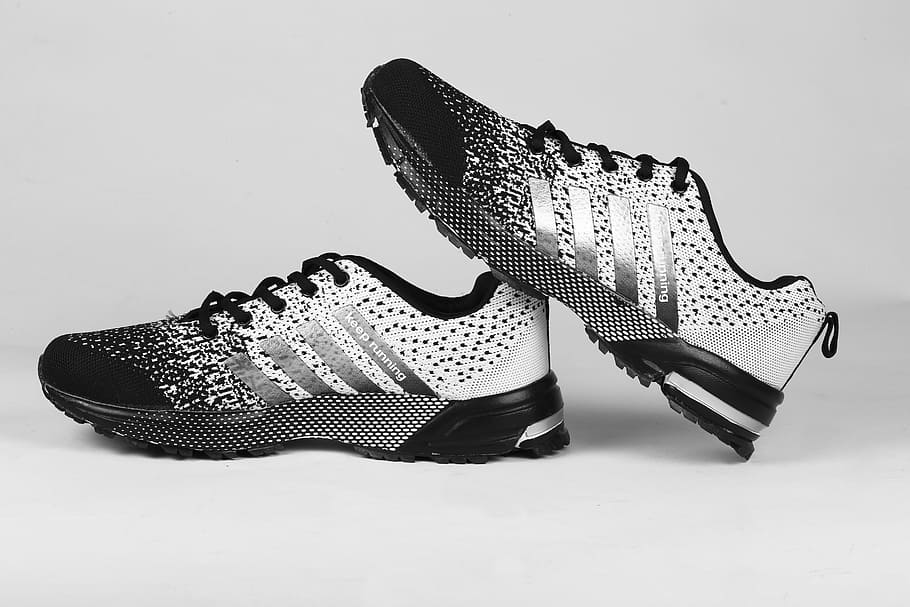 white-black-and-gray adidas low-top sneakers, shoes, sneakers, sports, footwear, shoe, fashion, high heels, clothing, studio shot