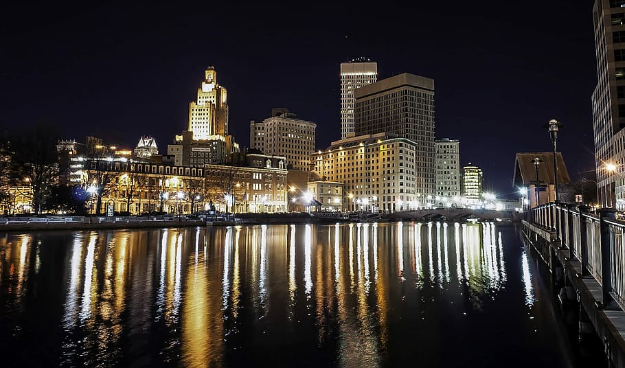 Providence, Rhode Island, noche, agua, Skyline, edificios, fotos, luces, dominio público, reflexión