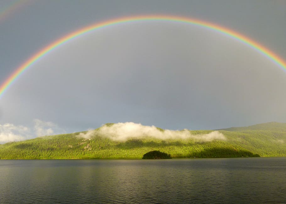 rainbow, top, green, hills, canim lake, british columbia, canada, thunderstorm, scenery, landscape