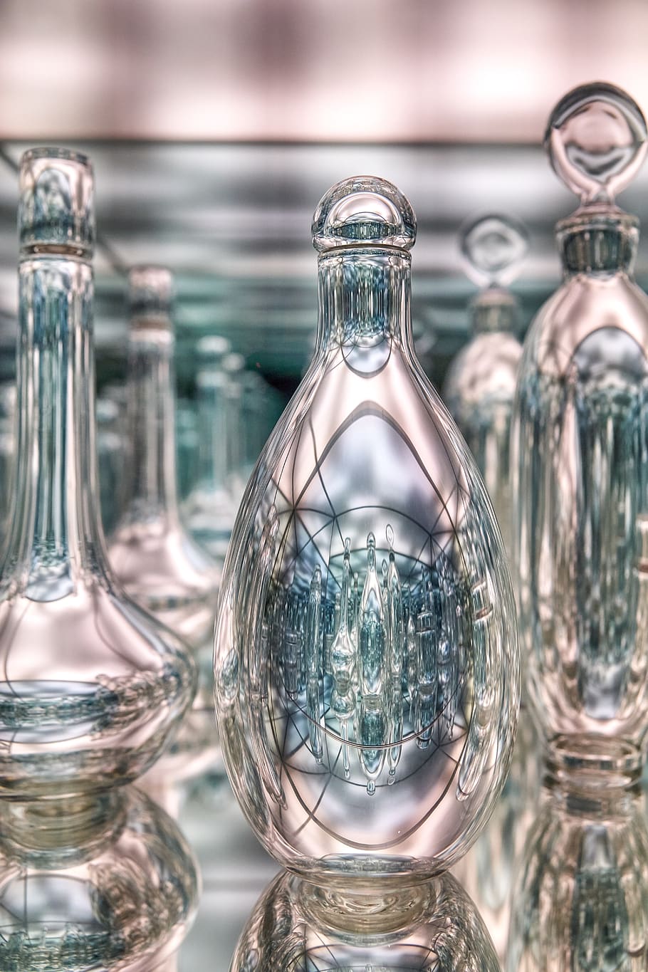 glass, bottle, art, blue, clear, mirror, design, boston, fine art, reflection