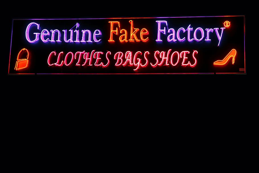 asli, palsu, signage neon pabrik, berubah, pabrik, toko, pakaian, tas, sepatu, tanda