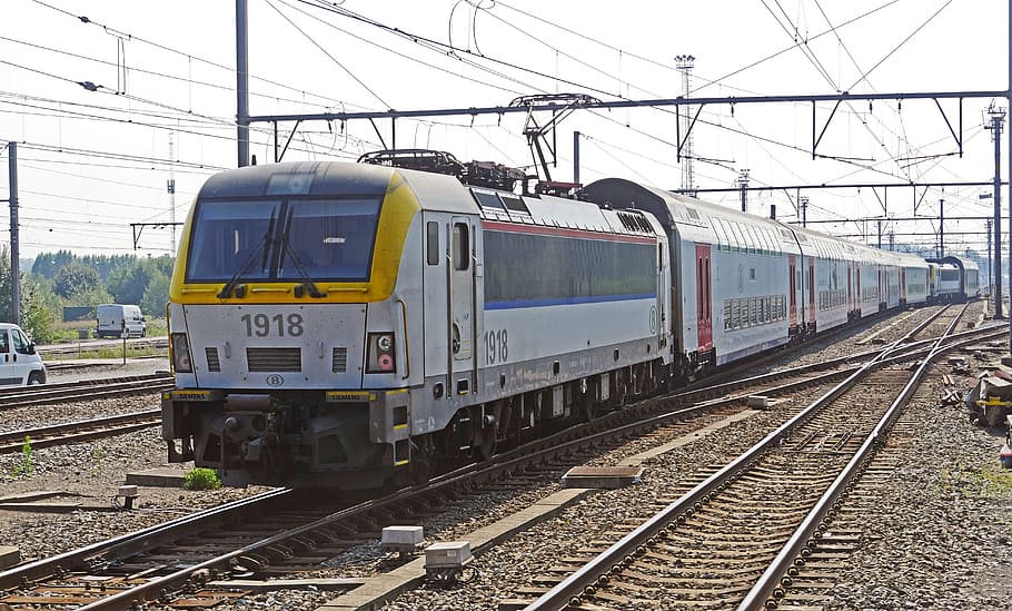 belgian state railways, intercity, euro sprinter, electric locomotive, series 19, bruges train station, prior to course, railway, rail traffic, double decker