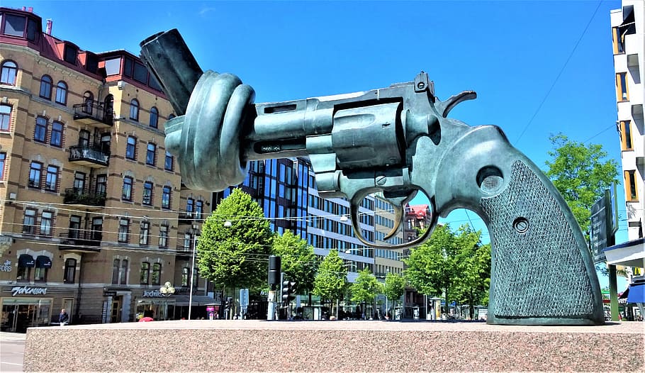 gray, revolver pistol structure landmark, gothenburg, sweden, scandinavia, avenue, city, cityscape, art, artwork