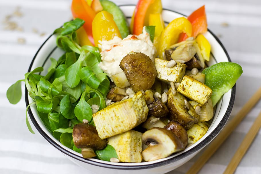vegetables, healthy, paprika, mushrooms, salad, tofu, dip, sauce, bowl, shell