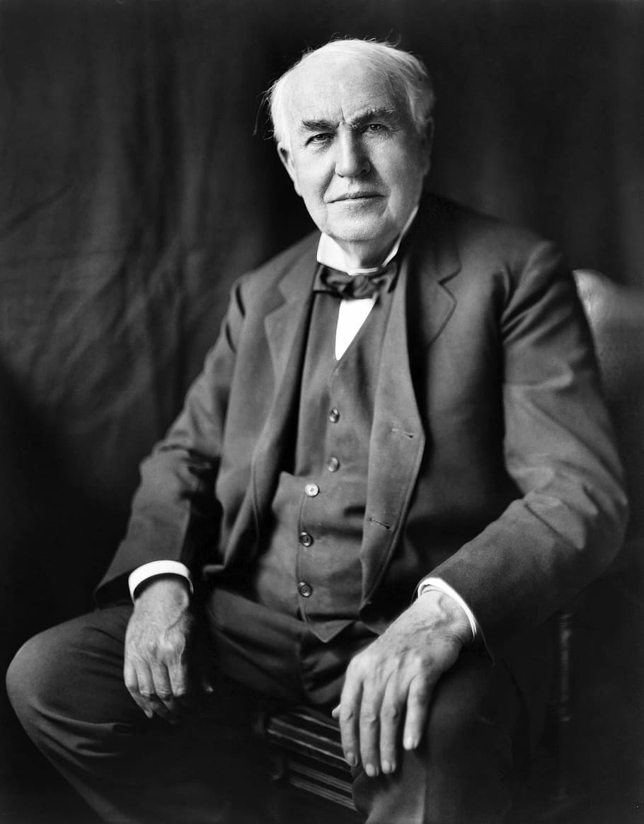 Thomas Edison retrato, Thomas Edison, Retrato, fotos, inventor, bombilla, dominio público, blanco y negro, personas, tiempo