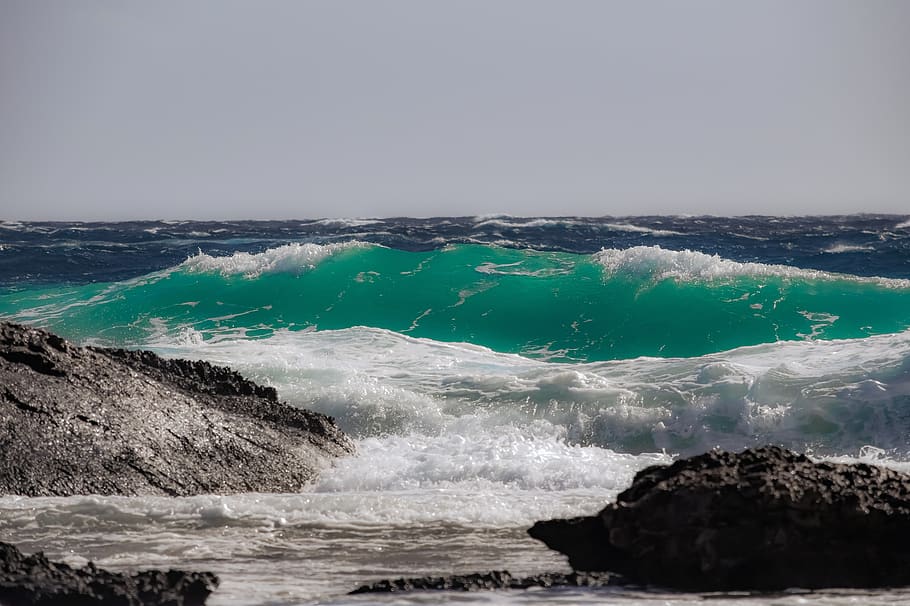 rocky coast, waves, crushing, sea, nature, landscape, rough sea, wind, spray, foam