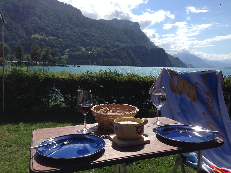 dinnerware, table, bushes, fondue, switzerland, mountains, lake, camping, holidays, summer