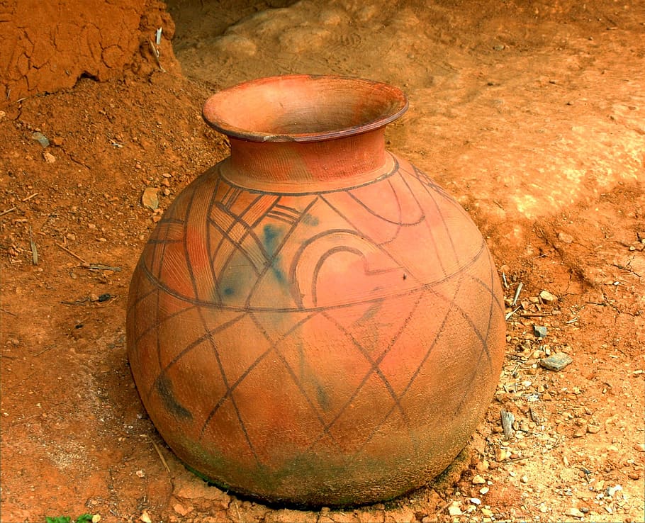 brown pot, west african jar, container, primitive, clay, antique, handmade, pottery, old, craft
