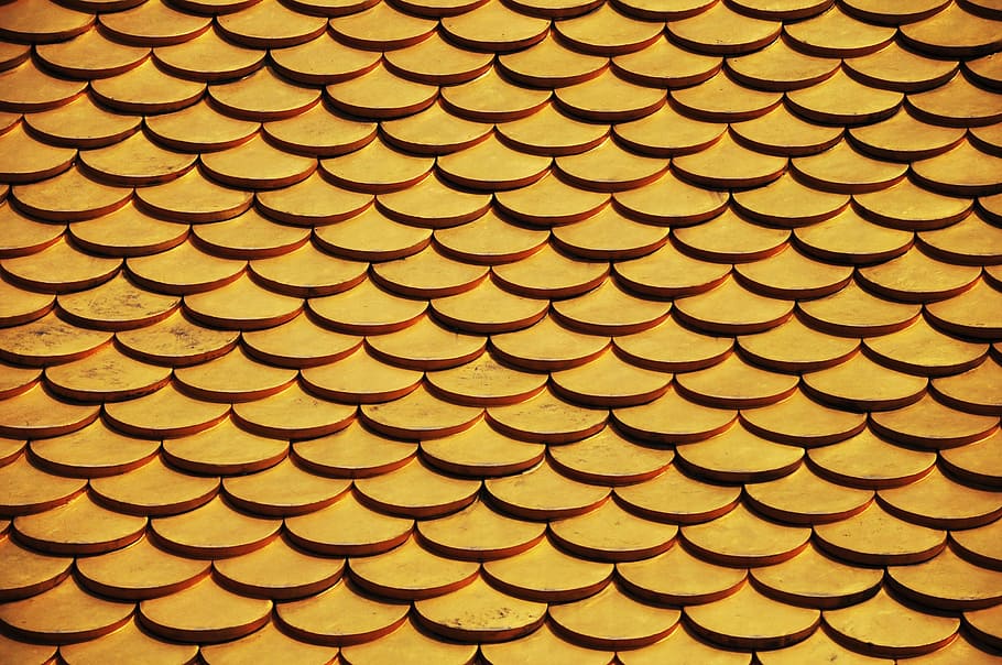yellow scale wallpaper, scales, gold, temple, roof, gilded, full frame, backgrounds, illuminated, pattern