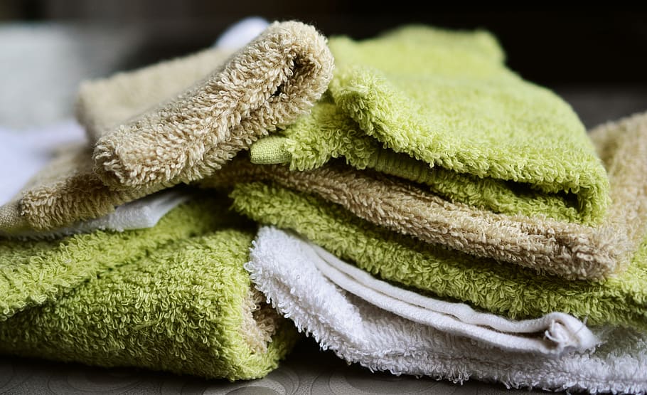 green, white, towel lot, washing gloves, washcloth, terry, soft, fluffy, body hygiene, fabric