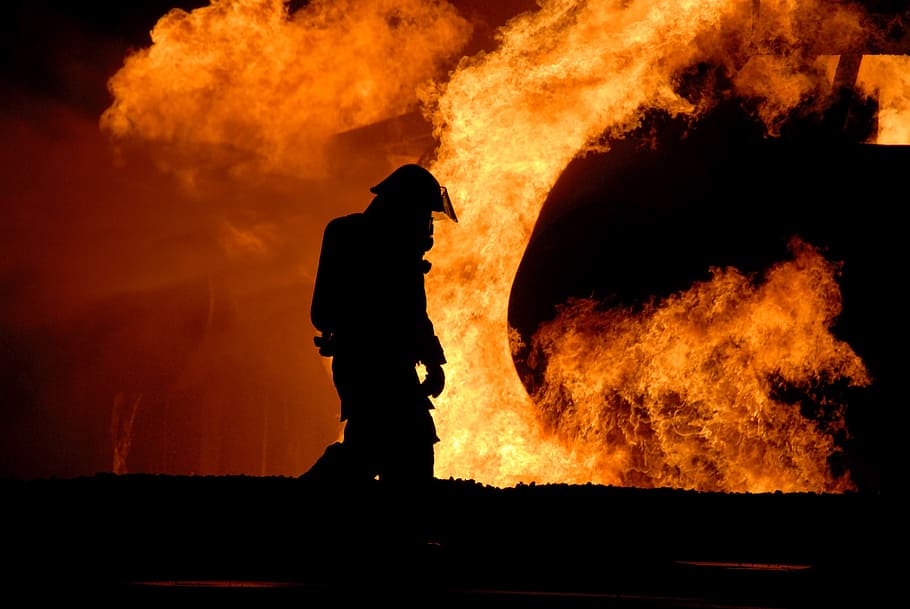 silhouette, firefighter, front, flame photo, training, live, fire, controlled, protection, danger
