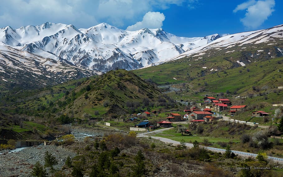 village, mountain, snow, grammos, greece, mountains, landscape, nature, alpine, panorama