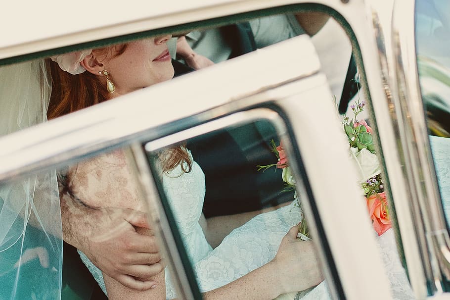 women, white, floral, wedding dress, bride, car, exiting, touch, marriage, newlywed