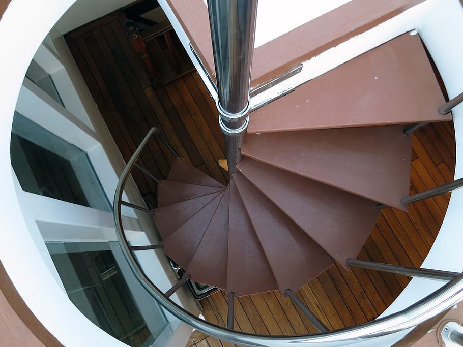 stairs, stairway, staircase, spiral, circular, built structure, architecture, railing, steps and staircases, low angle view