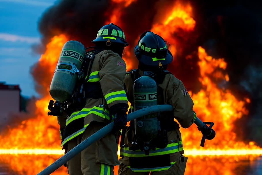 two, firemen, front, fire, firefighter, emergency, extinguisher, safety, helmet, fireman