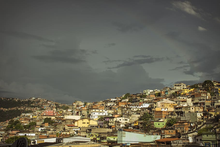 Favela, City, Rainbow, Clouds, between clouds, storm, cityscape, urban Scene, architecture, town
