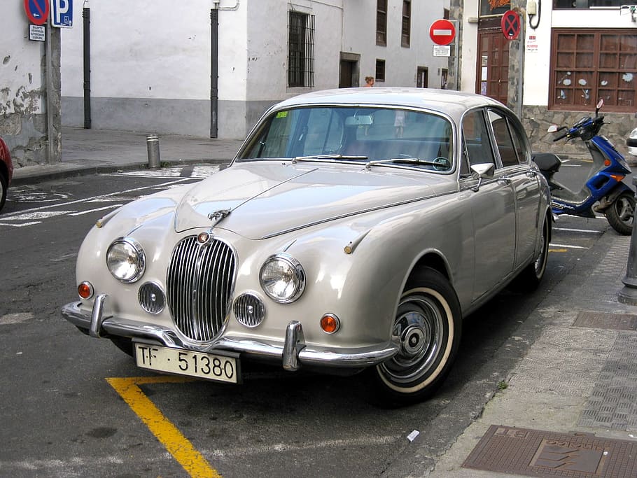 Jaguar, coche, clásico, vehículo, retro, cromo, transporte, estilo, antiguo, plata