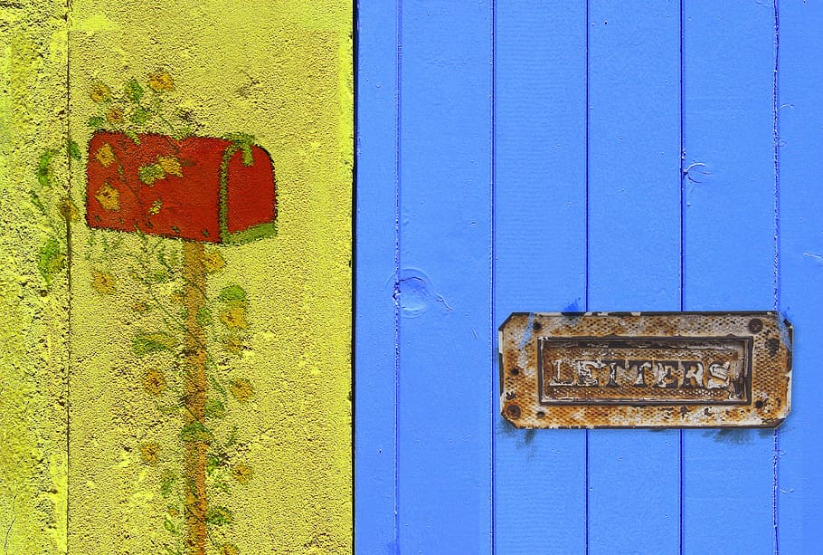 letters, mailbox, graffiti, sunny, yellow, blue, door, wall, slot, red