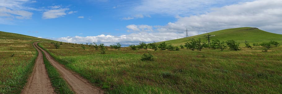 green, grass meadow, daytime, panorama, road, mountains, landscape, summer, trail, field