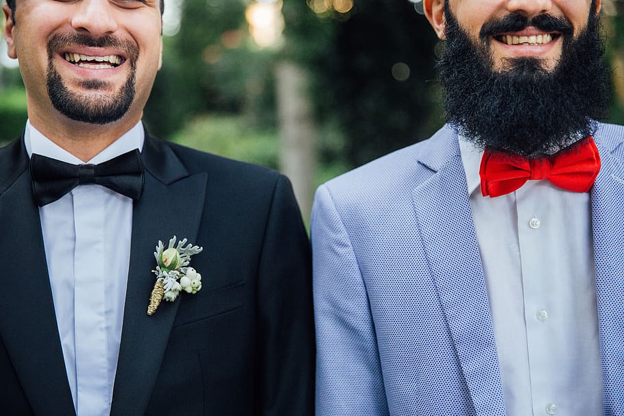 personas, hombres, traje, boda, corbata, barba, sonreír, reír, feliz, bigote