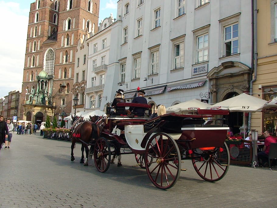 krakow, main market square, horse-drawn carriage, mary's church, building exterior, city, transportation, architecture, street, mode of transportation