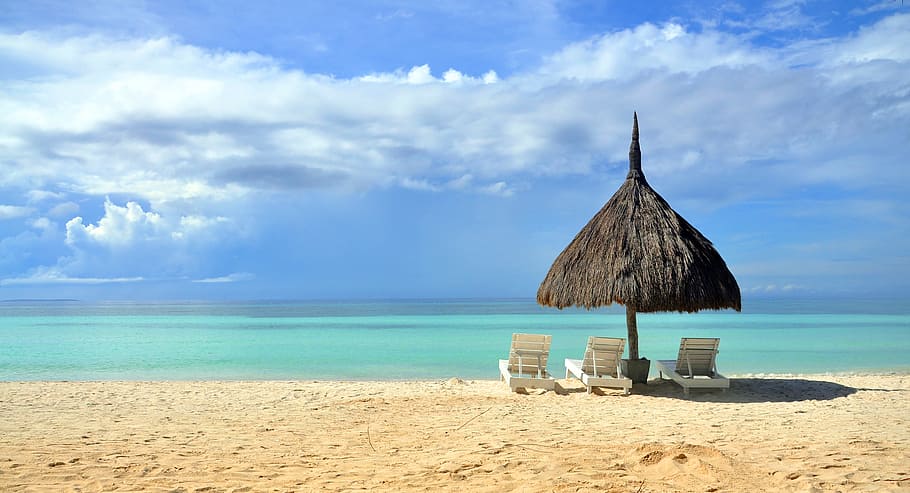 블랙, 오두막, 취재, 화이트, adirondack 의자, 앞, 해변, 바다, 필리핀, 땅