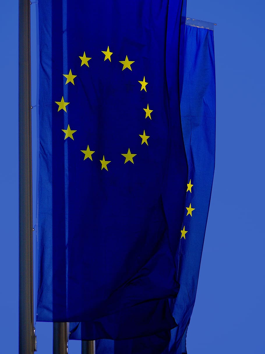 blue, emblem, recognize, europe, europe flag, flag, flutter, hoisted, sky, note