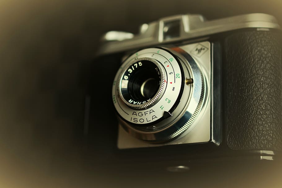 black, point-and-shoot camera, tilt shift lens photography, camera, old, antique, agfa, agfa isola, photograph, nostalgia