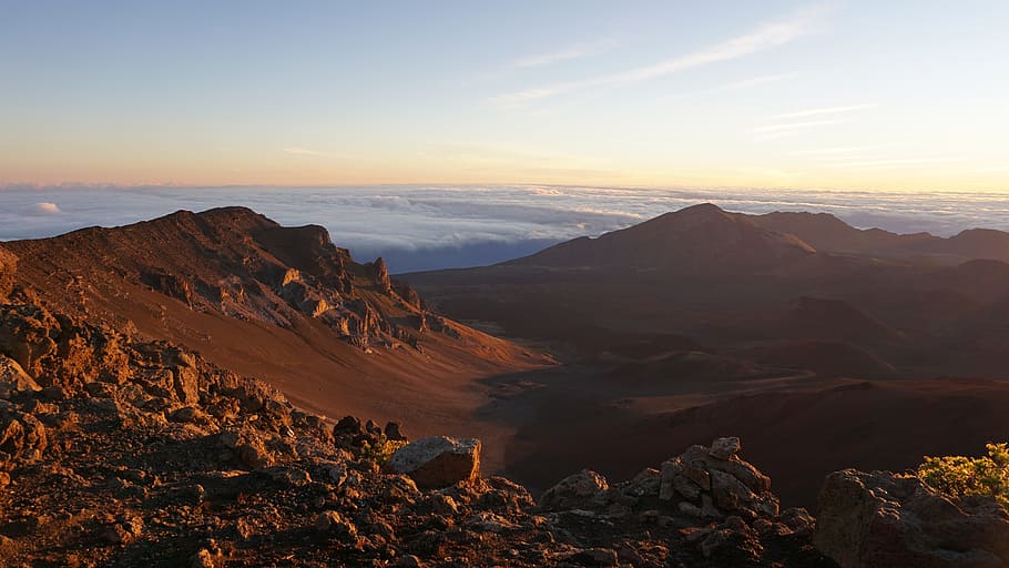 aerial, mountains, sunrise, volcano, hawaii, maui, haleakala, cloud, mountain, scenics - nature
