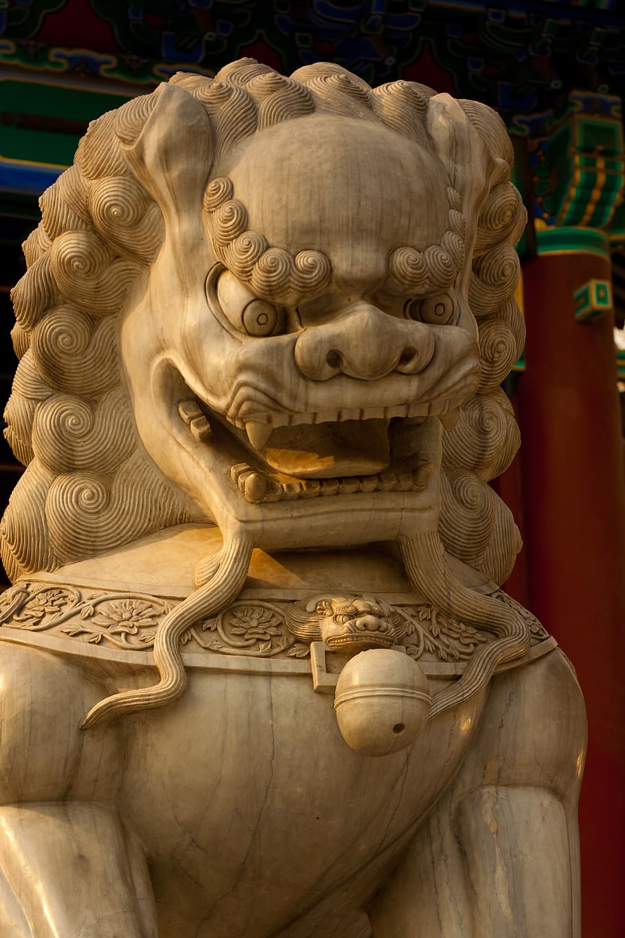 bege, estátua do cão foo, asiático, chinês, estátua, cachorro, leão, dragão, escultura, arte e artesanato