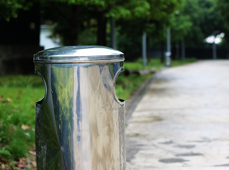 trash, can, clean, day, focus on foreground, plant, sunlight, outdoors, nature, tree