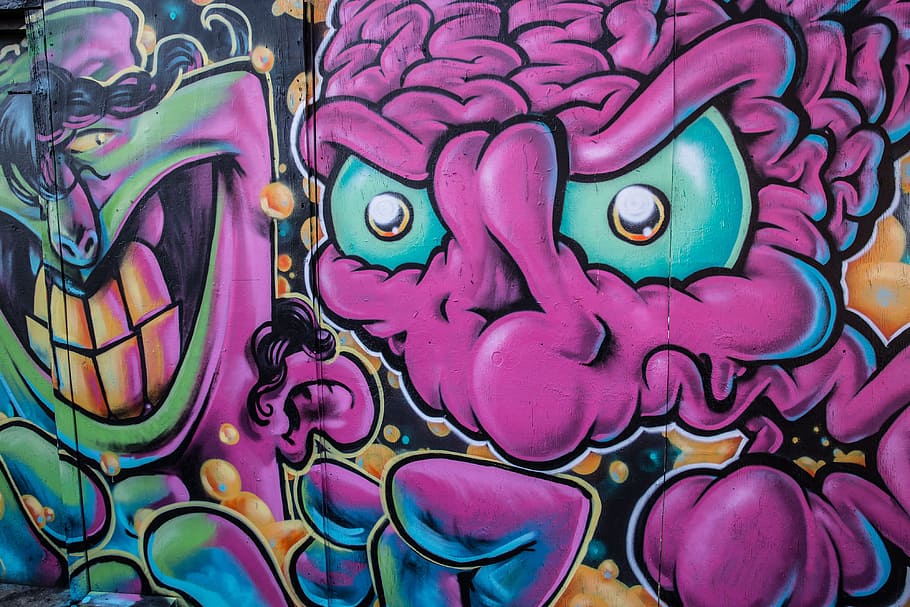 cerebro, arte callejero, capturado, pared, Camden, urbano, graffiti, resumen, ciencia, fondos