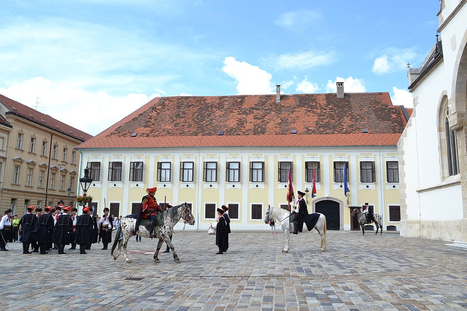 zagreb, upper town, croatia, soldiers, horse, historic, saint marko square, architecture, built structure, building exterior