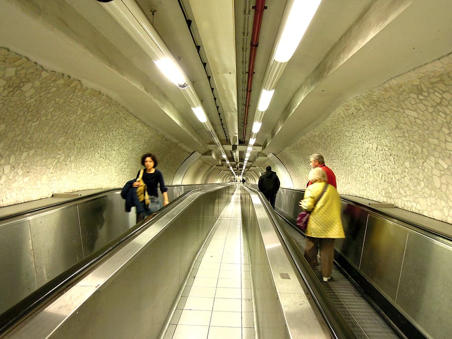 the escalator, senior citizen, couple, man, people, stairs, underground, metro, architecture, illuminated
